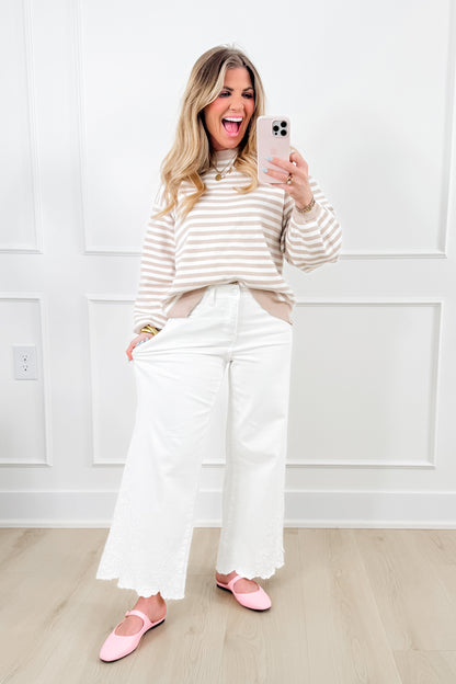 Risen High Rise Cream Wide Leg Embroidered Hem Jeans