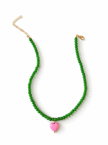 Restock! Gemelli Pippa Green Beaded Necklace with Heart Charm