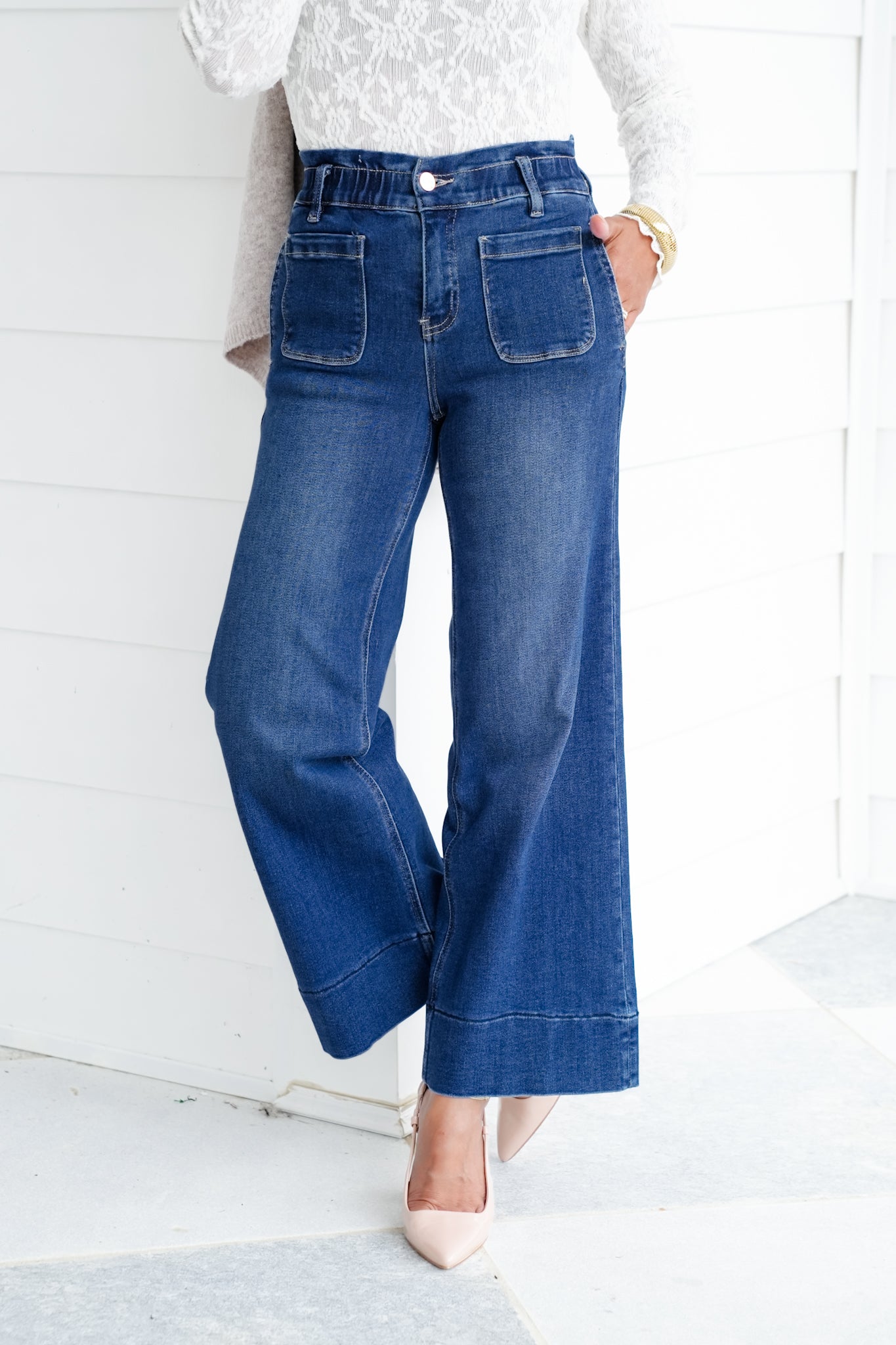 Risen High Rise Dark Wash Elastic Waistband Crop Wide Leg Jeans with Ruffle Band