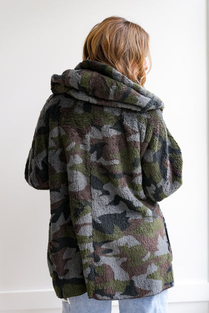 Camo Fur Long Sleeve Open Front Hooded Jacket