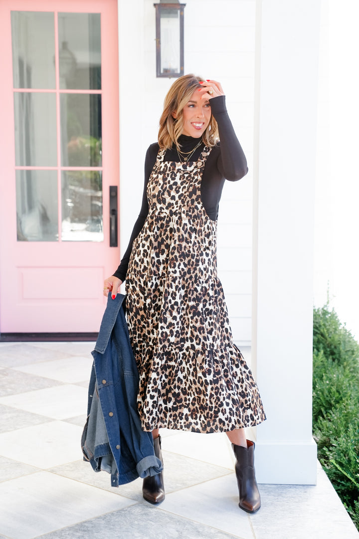 Plus/Reg Leopard Sleeveless Bib Overall Midi Dress
