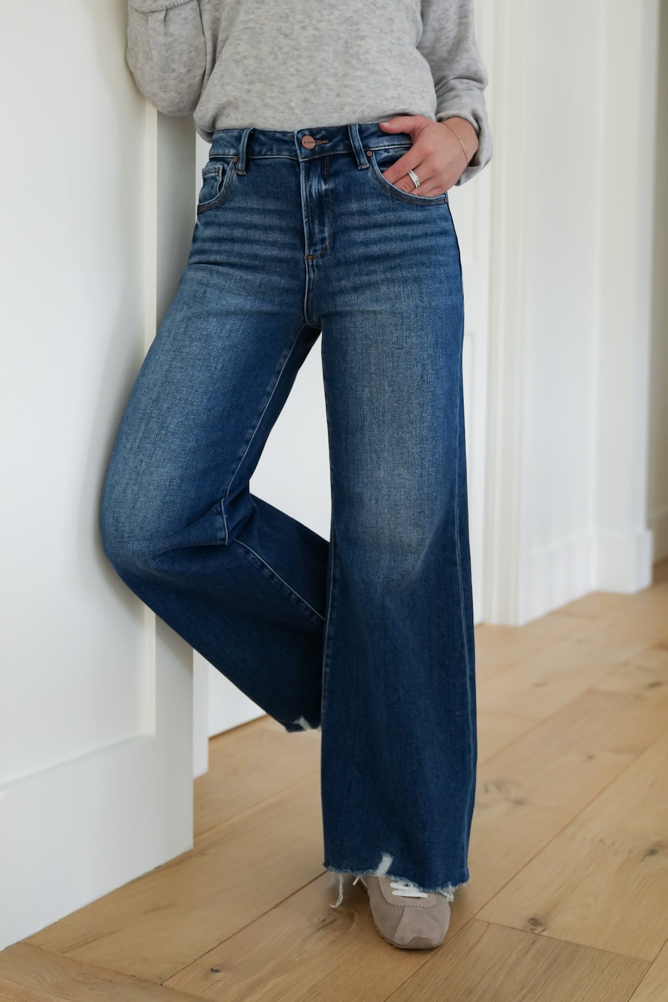 Risen High Rise Dark Wash Wide Leg Jeans