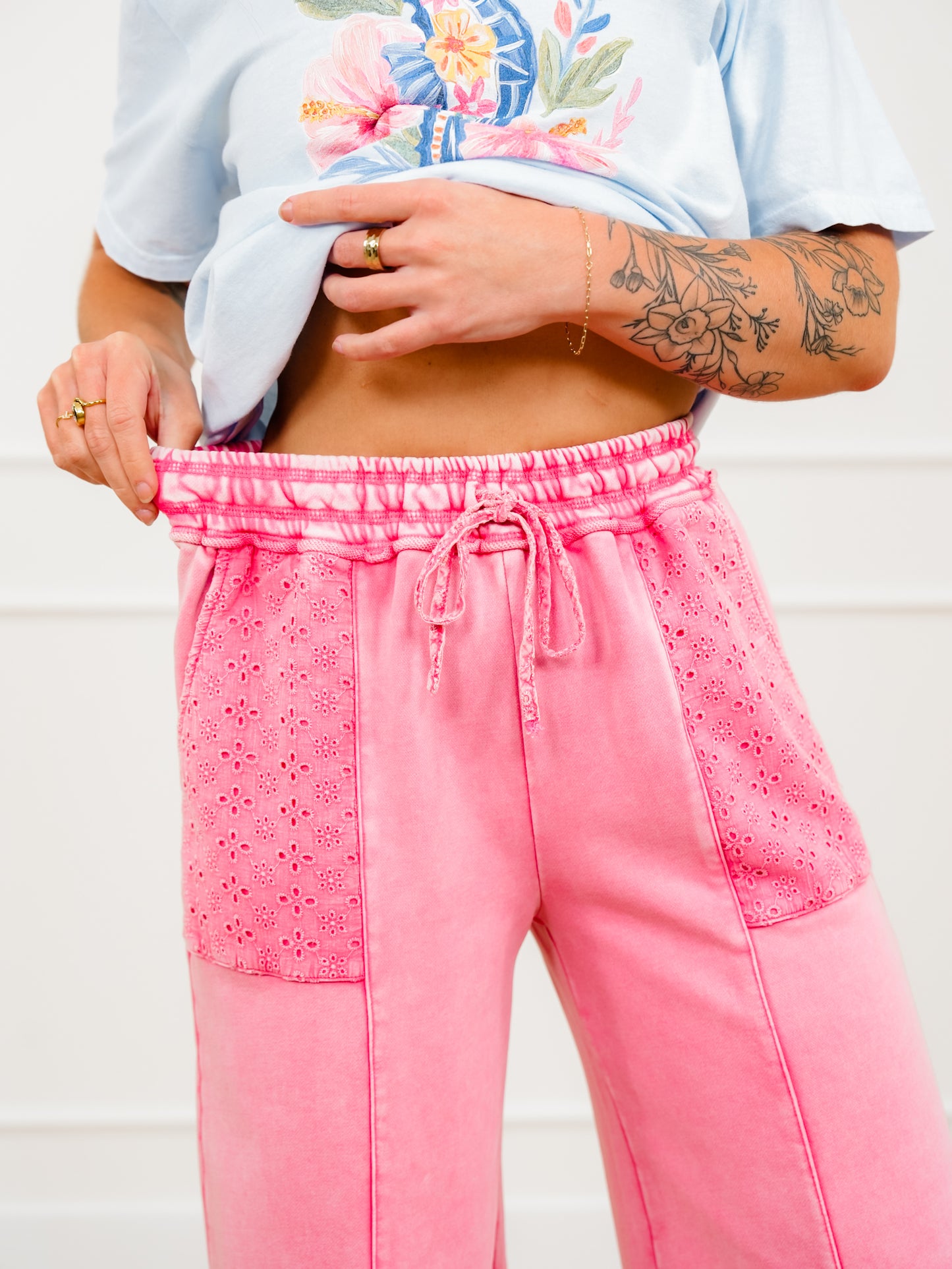 Mineral Wash Elastic Waist Pants with Eyelet Pockets