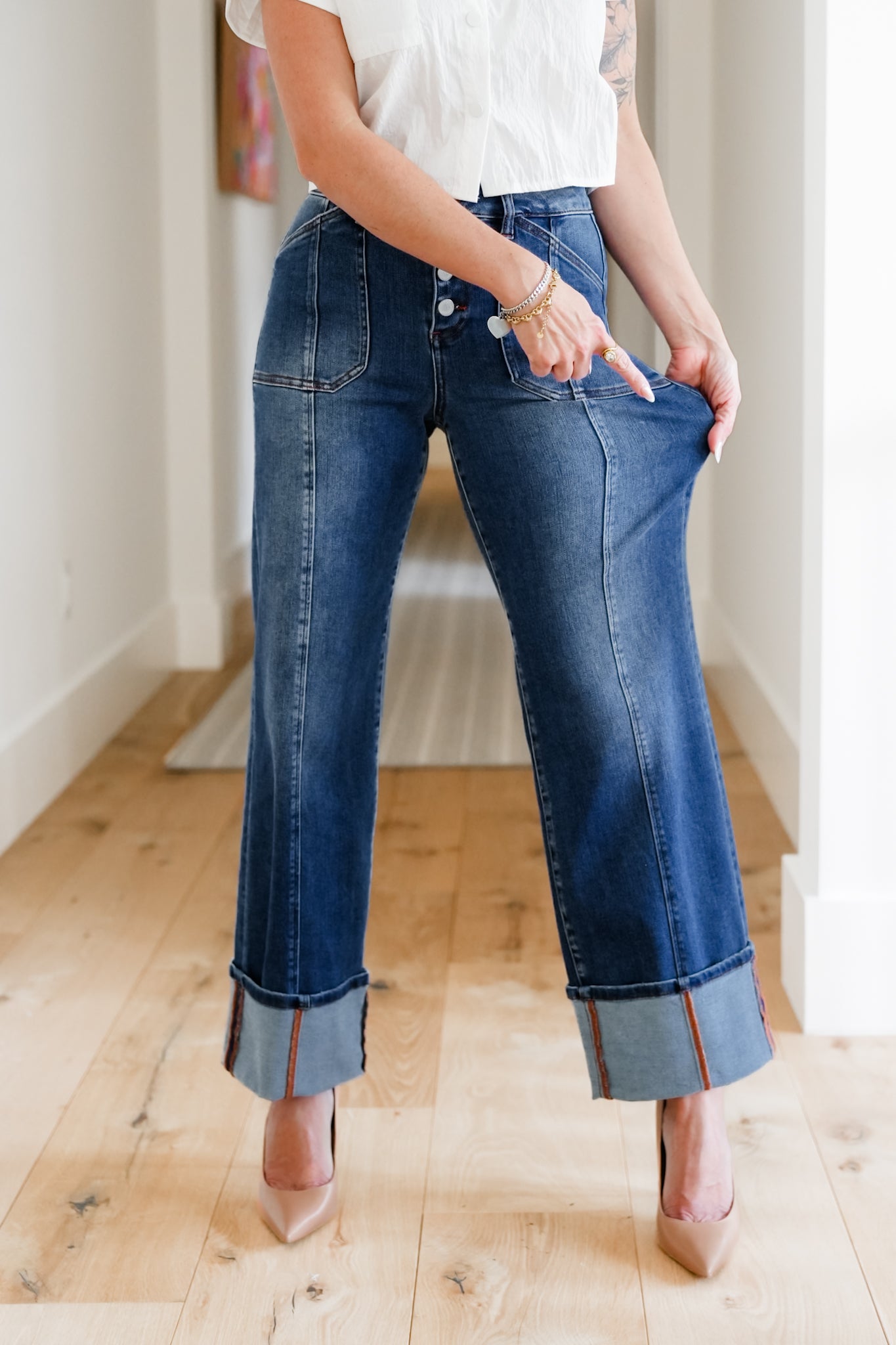Risen Multi Inseam High Rise Dark Wash Cropped Wide Cuffed Straight Leg Jeans