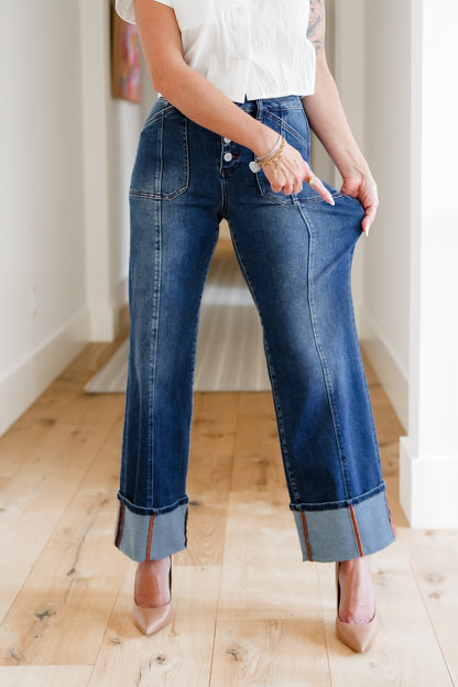 Risen Multi Inseam High Rise Dark Wash Cropped Wide Cuffed Straight Leg Jeans