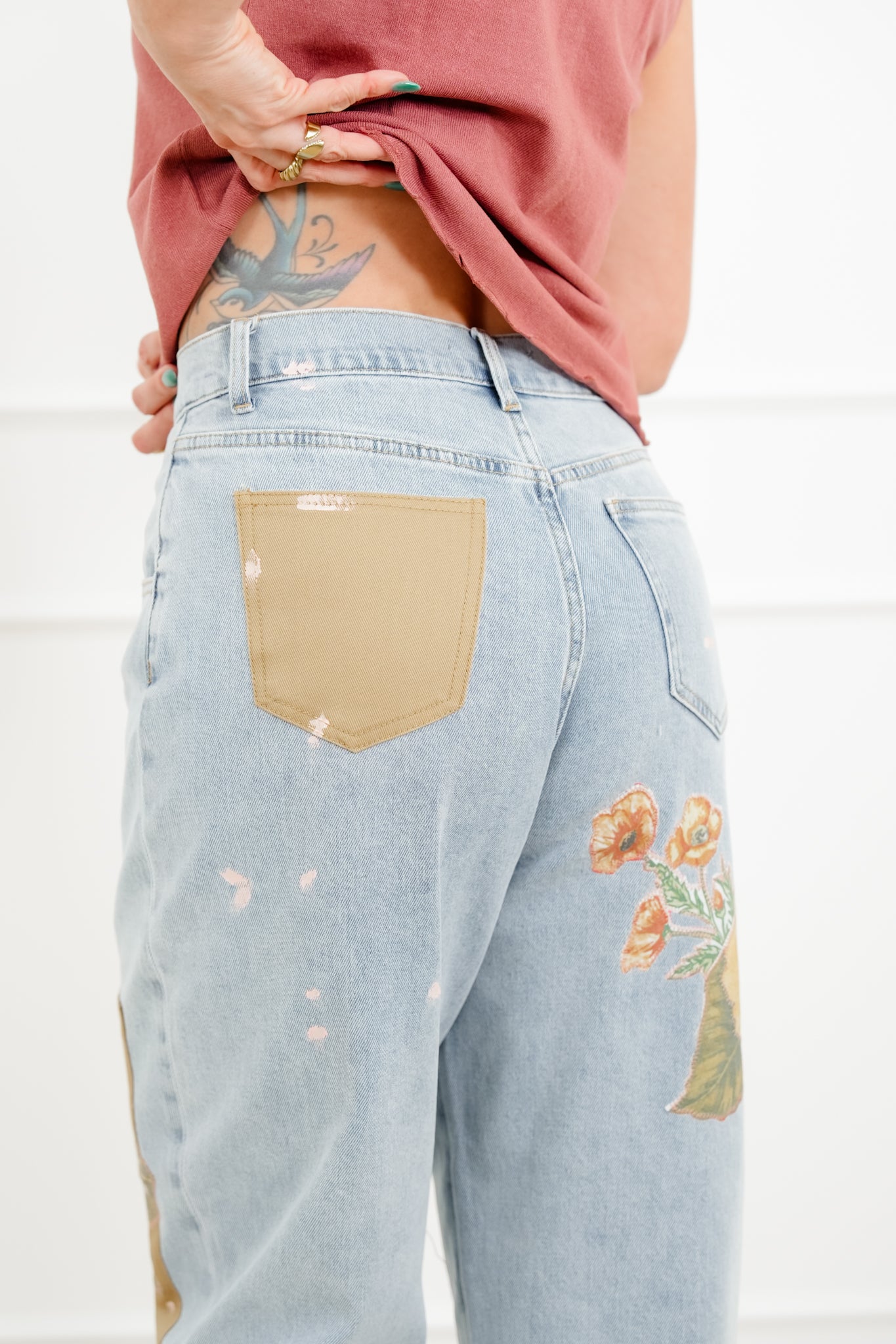 Floral Patch Barrel Jeans with Paint Splatter