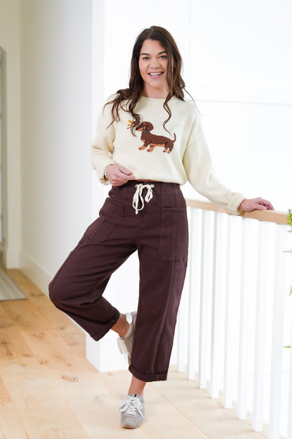 Risen High Rise Brown Wide Leg Barrel Cargo Jeans with Cuff