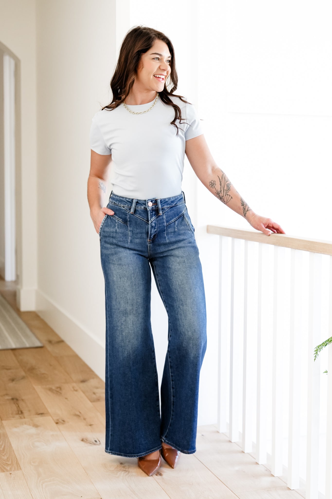 Risen High Rise Dark Wash Wide Leg Jeans with Front Yoke Seam