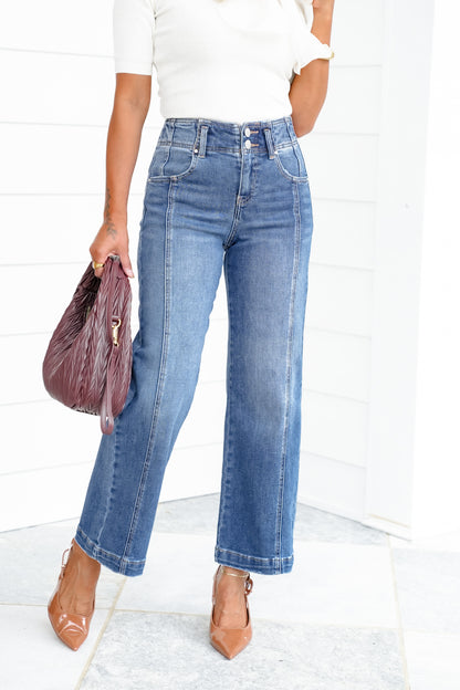 Risen The Statement Straight High Rise Medium Wash Ankle Wide Leg Jeans with Front Seam