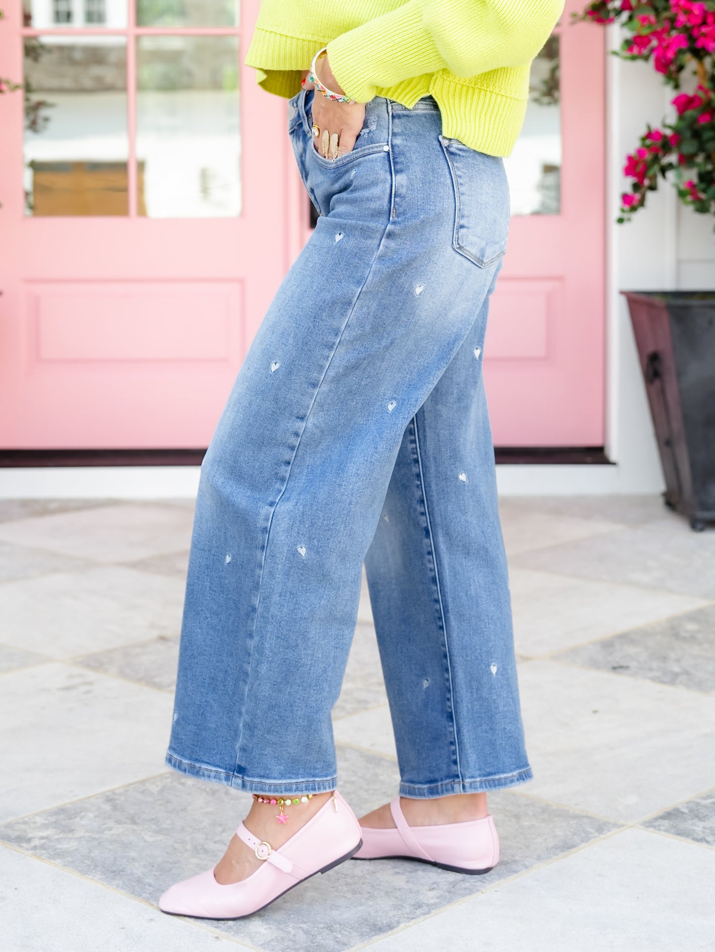 Risen High Rise Slouchy Barrel Jeans with Embroidered Hearts