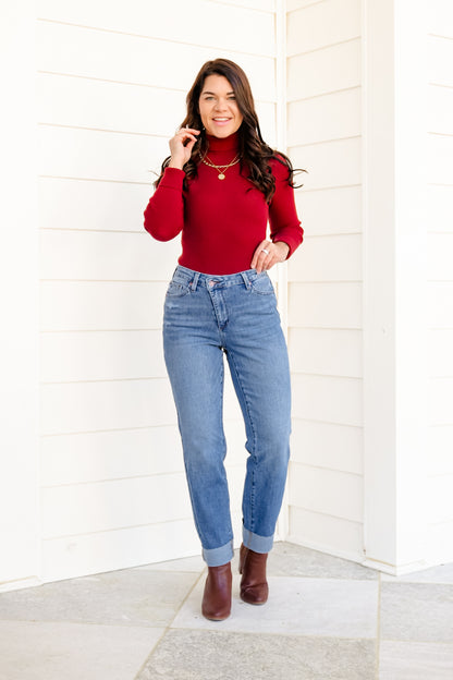 Judy Blue High Rise Medium Wash Distressed Criss-Cross Cuffed Boyfriend Jeans