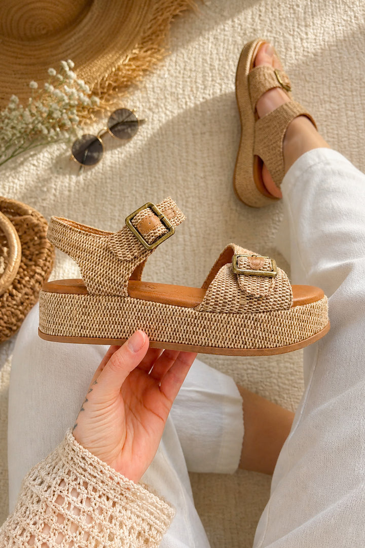 Blowfish Woven Raffia Platform Sandal with Dual Buckle Straps