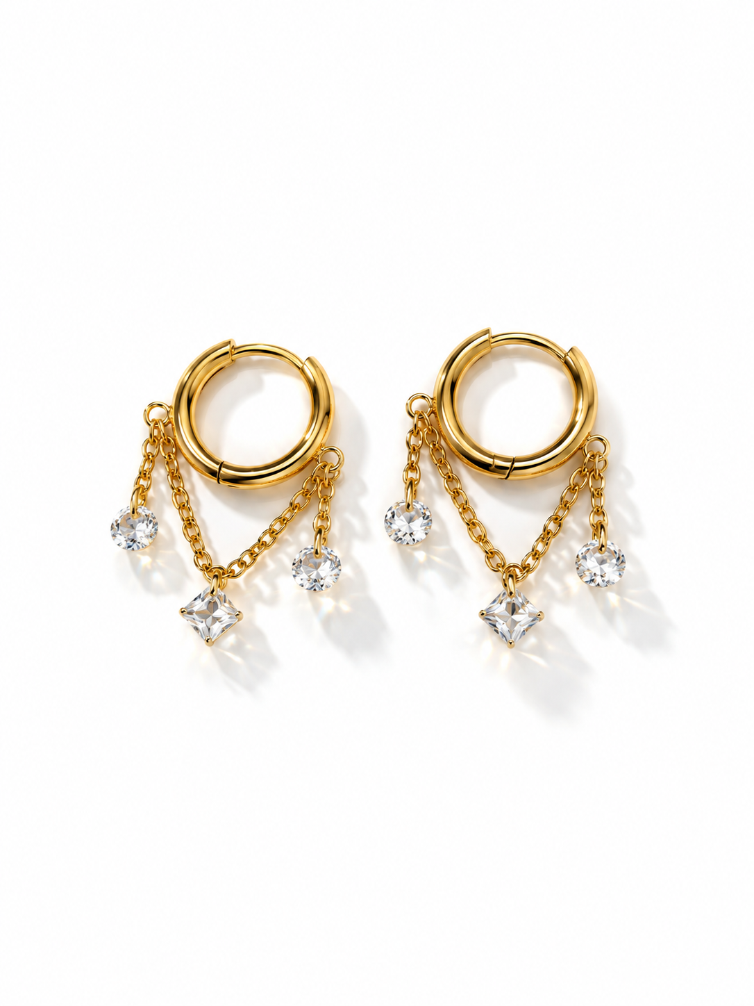Tri Crystal Layered Chain Tassel Huggie Earrings