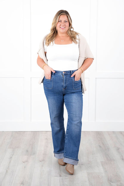Risen High Rise Medium Wash Elastic Waistband Slim Straight Leg Jeans with Front Patch Pockets