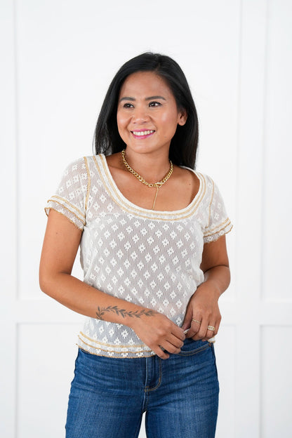 POL Lace Short Sleeve Round Neck Top