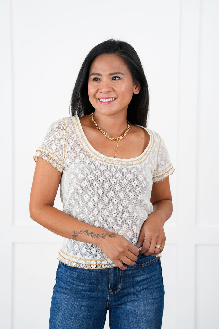 POL Lace Short Sleeve Round Neck Top