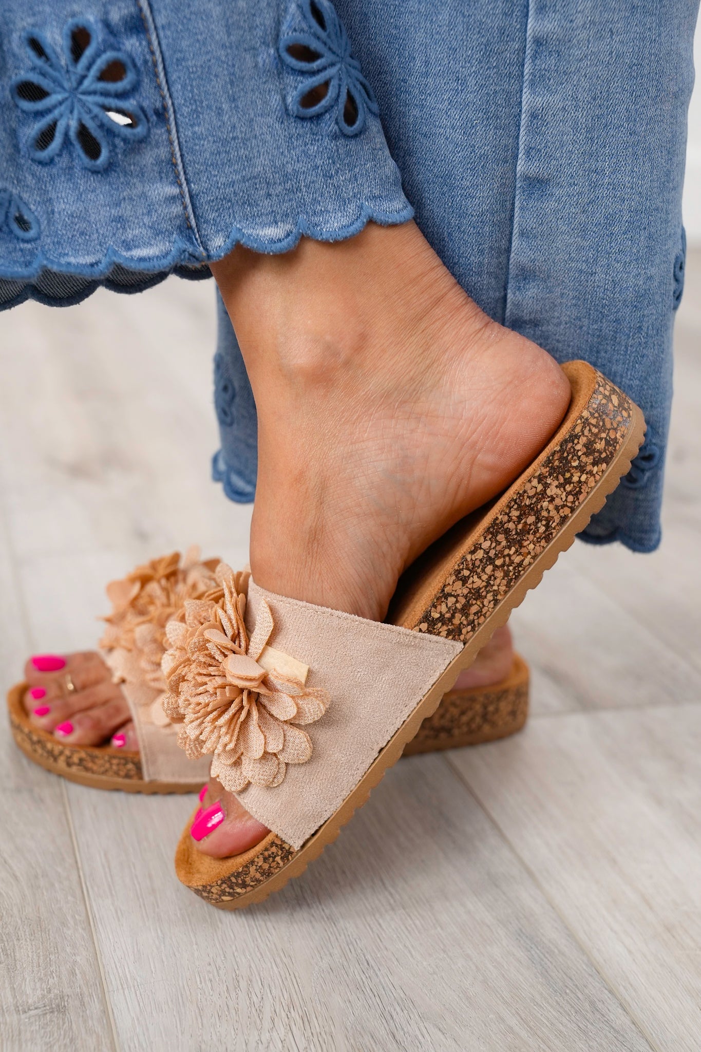 Corky's "Wild Child" Cork Slide Sandals with Floral Accents