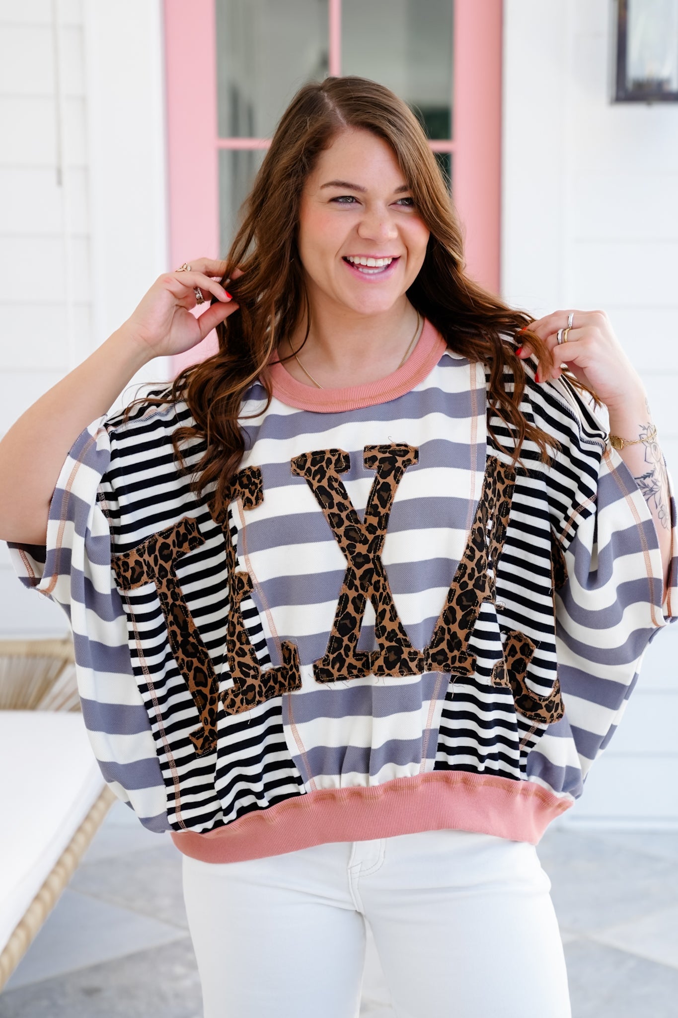 Stripe Short Dolman Sleeve "Texas" Leopard Patchwork Top