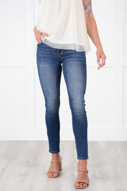 Risen Mid Rise Dark Wash Ankle Skinny Leg Jeans