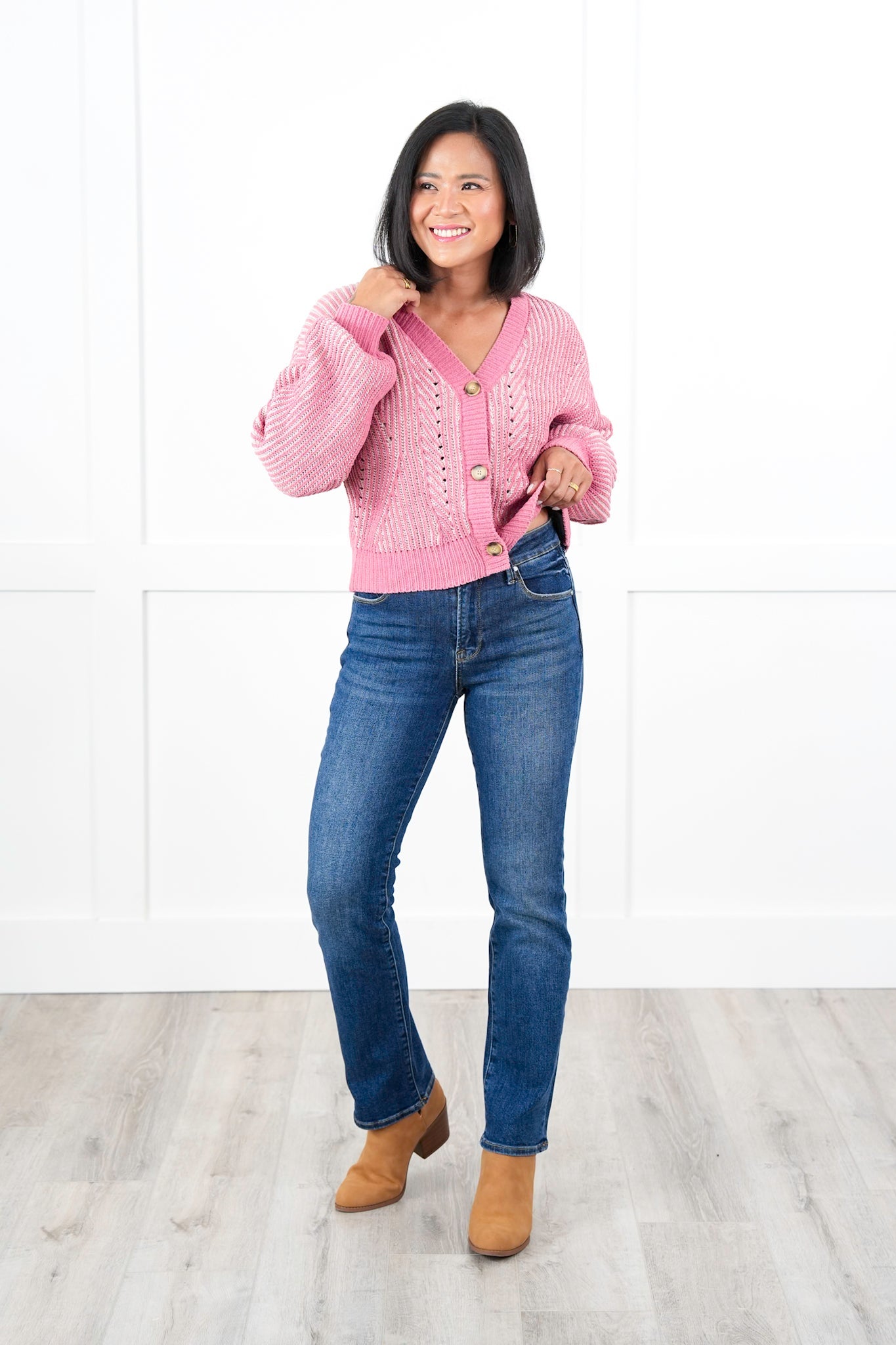 Plus/Reg Two Tone Long Sleeve Button Down Cardigan