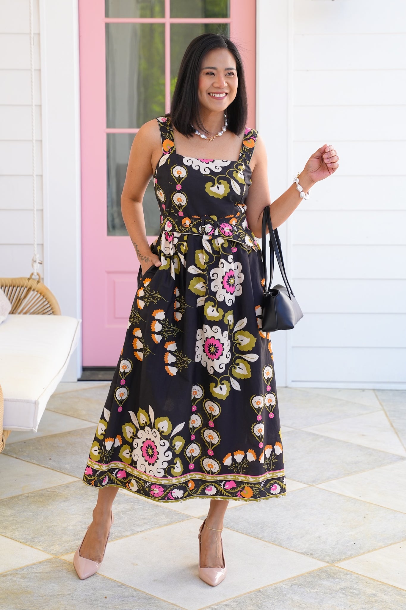 Floral Print Sleeveless Midi Dress With Waist Belt