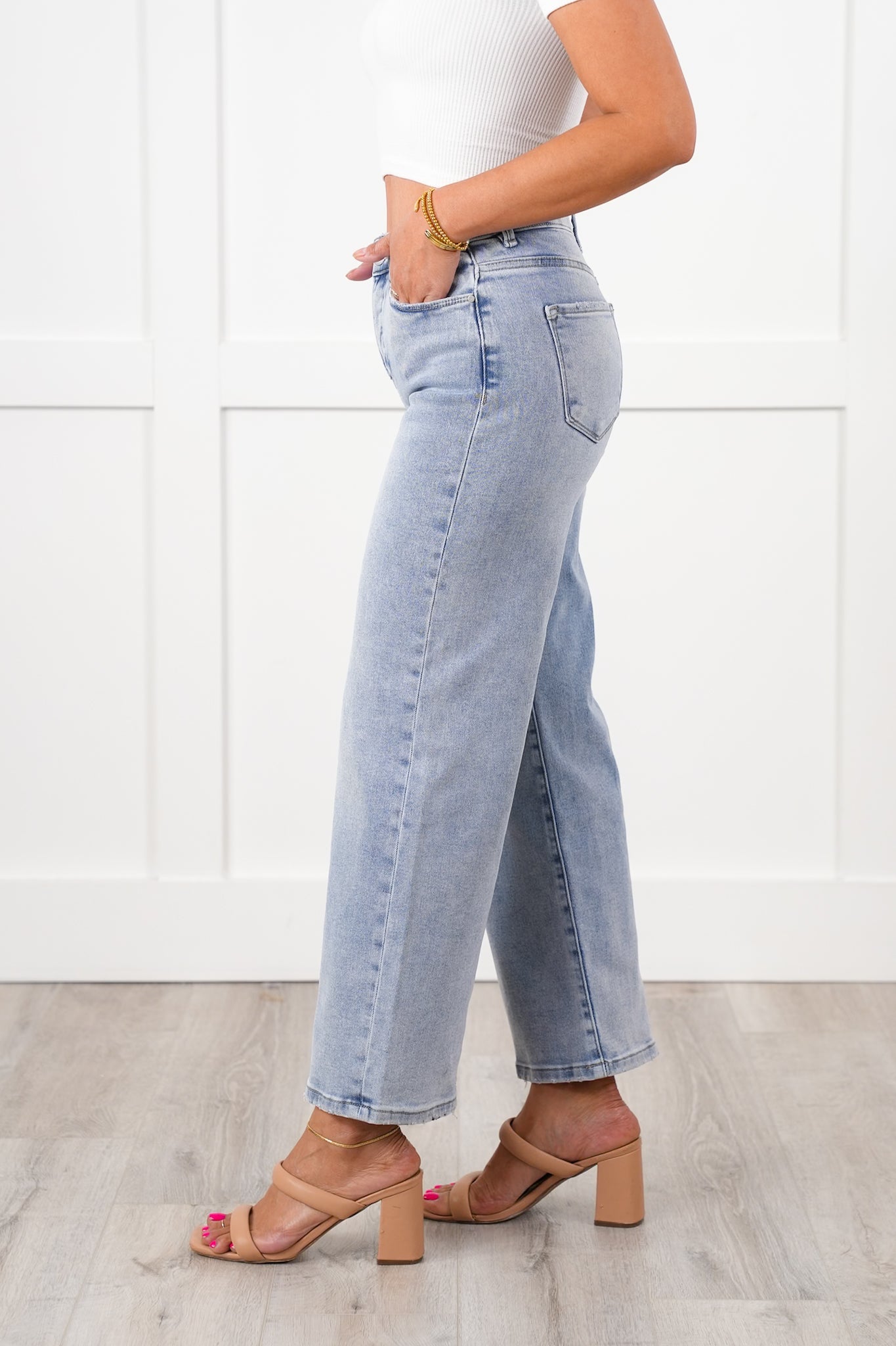 Risen High Rise Light Wash Tummy Control Elastic Waistband Cropped Wide Leg Jeans