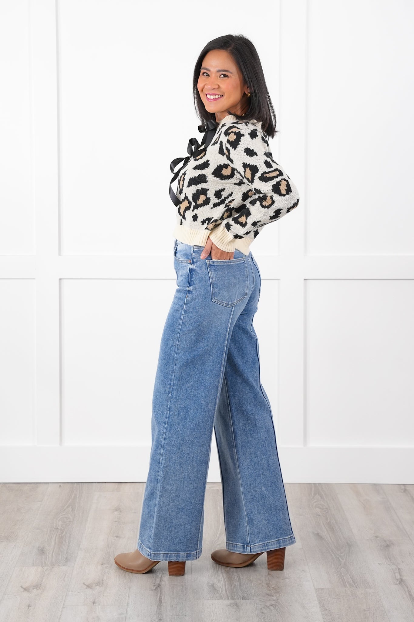 Risen High Rise Medium Wash Pintuck Detailed Wide Leg Jeans