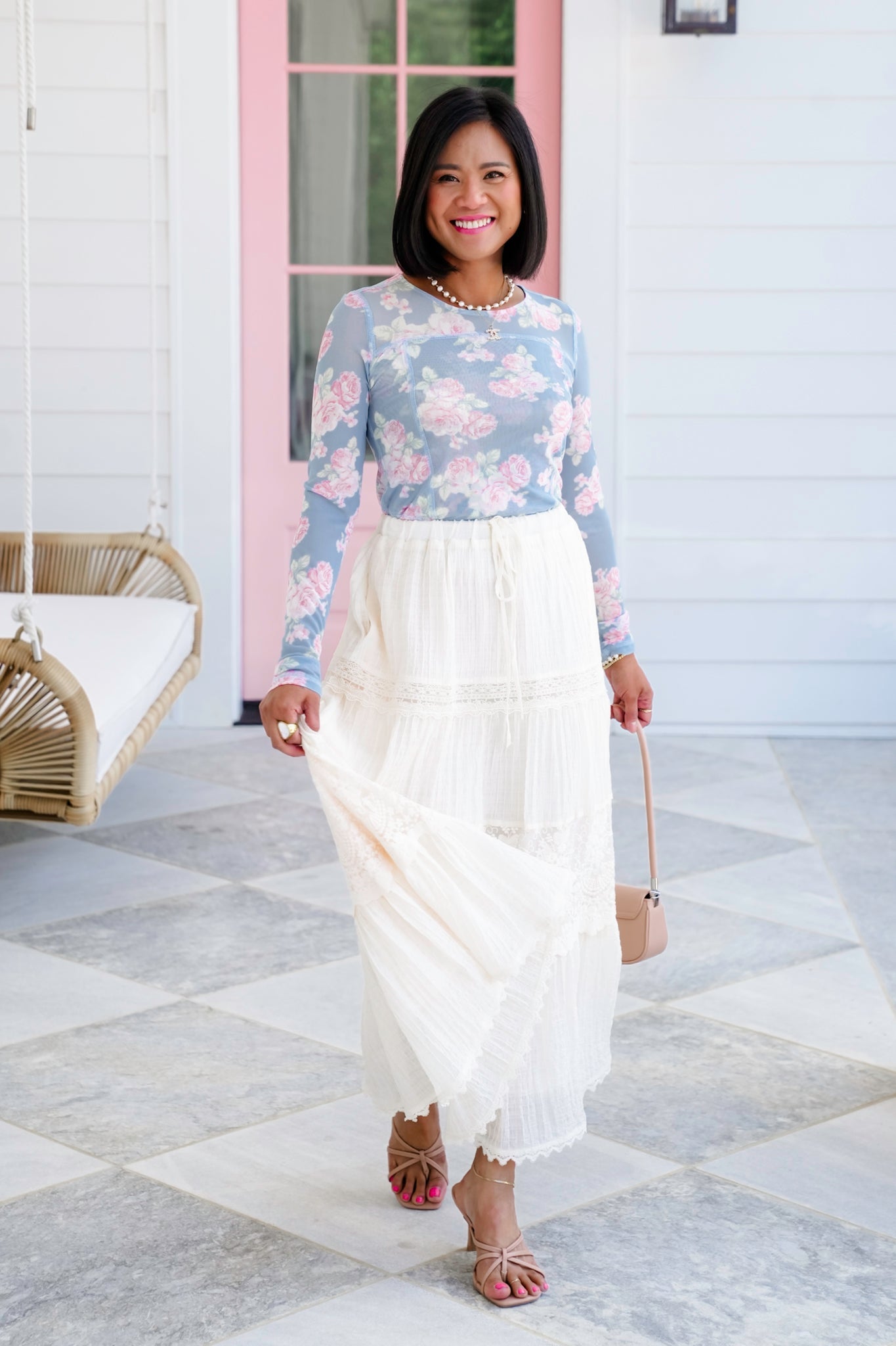 Floral Mesh Long Sleeve with Reverse Seam Detail