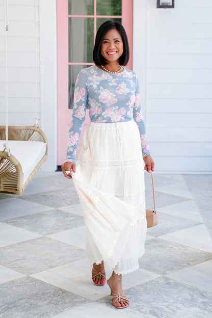 Floral Mesh Long Sleeve with Reverse Seam Detail