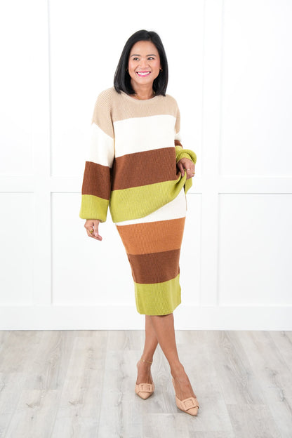 Restock! Color Block Elastic High Waist Midi Sweater Skirt