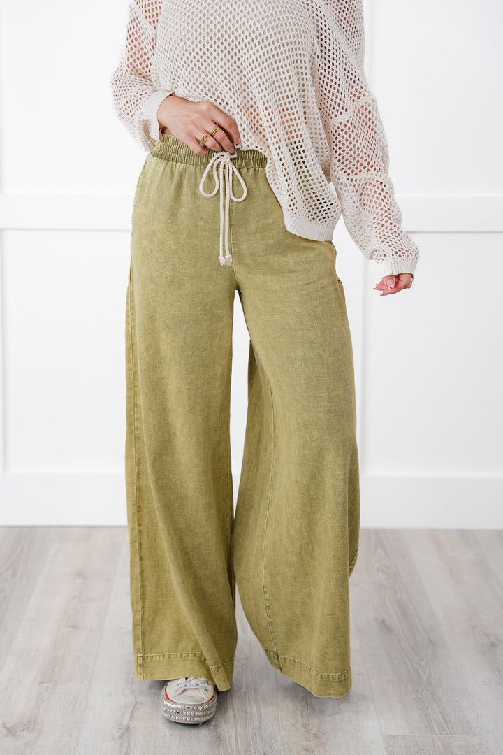 Mineral Wash Elastic Waist Wide Leg Pants (Multiple Colors)