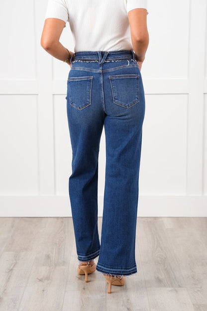 Risen High Rise Dark Wash Tummy Control Wide Leg Jeans with Released Hem