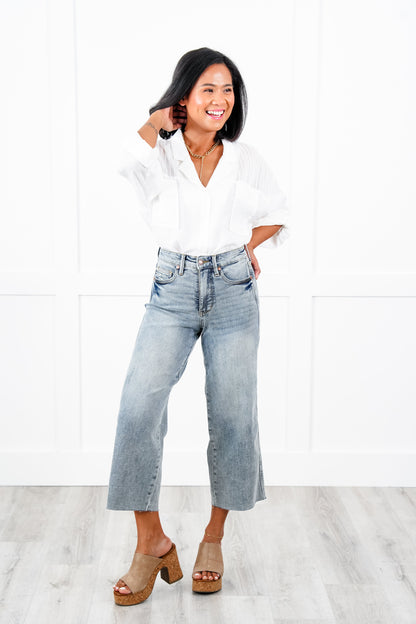 Judy Blue The Olivia Mid Rise Light Wash Tummy Control Raw Hem Cropped Wide Leg Jeans