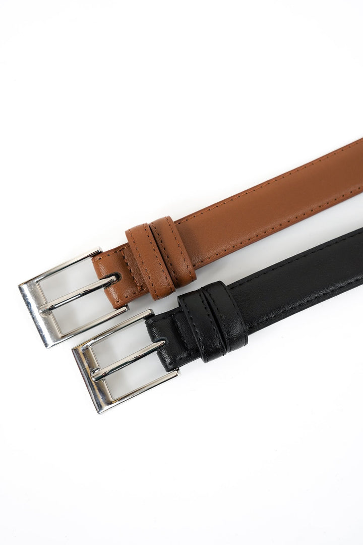 Leather Belt with Polished Silver Rectangular Buckle