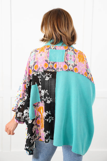 POL Thermal Long Dolman Sleeve Button Down Top with Contrast Print Detail