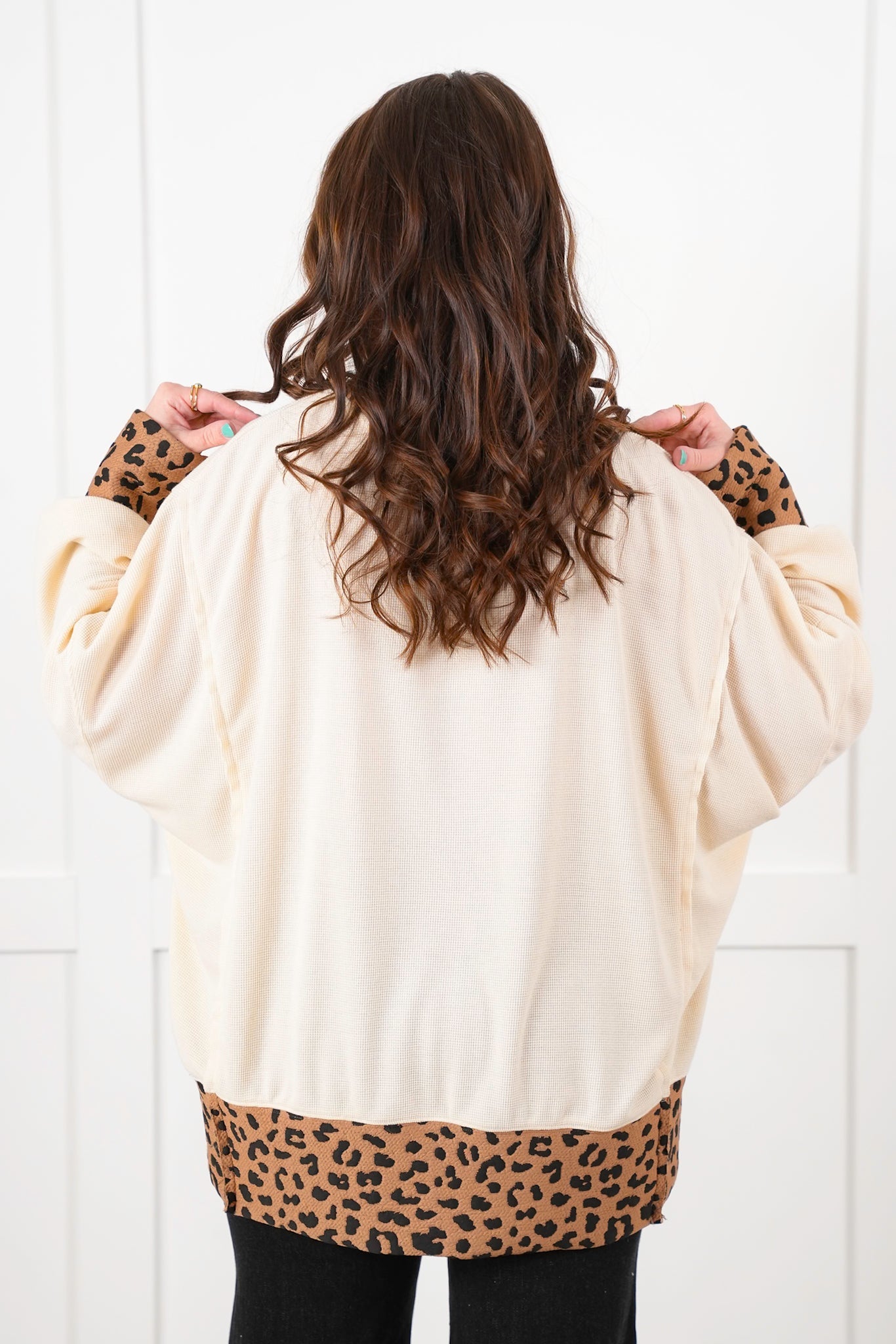 Thermal Long Sleeve Round Neck Top with Leopard Detail