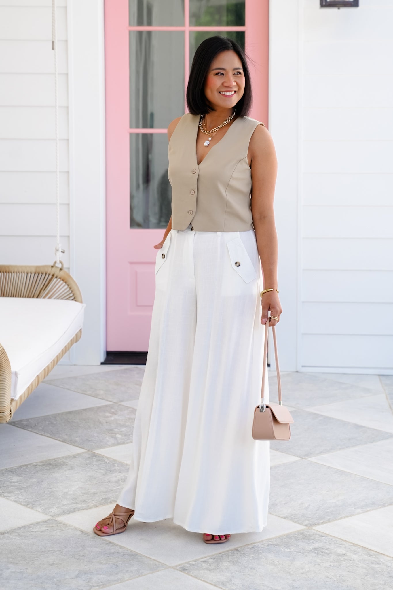Solid Woven Button Down V-Neck Vest