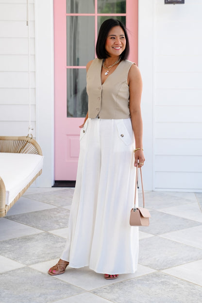 Solid Woven Button Down V-Neck Vest