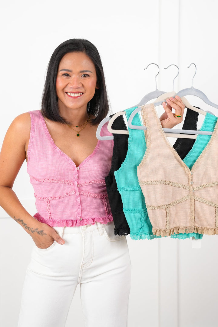 POL Sleeveless Ribbed Knit V Neck Cropped Top with Lace Trim Detail
