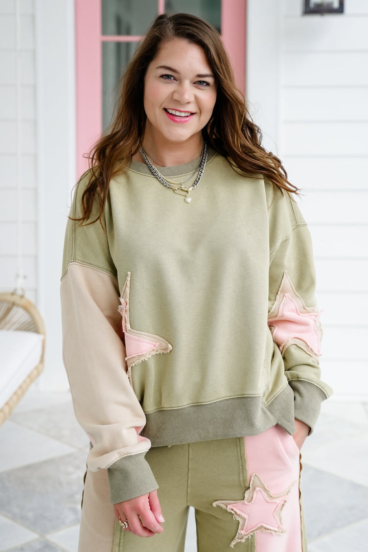 Mineral Wash Color Block Long Sleeve Pullover Top with Star Patch Detail