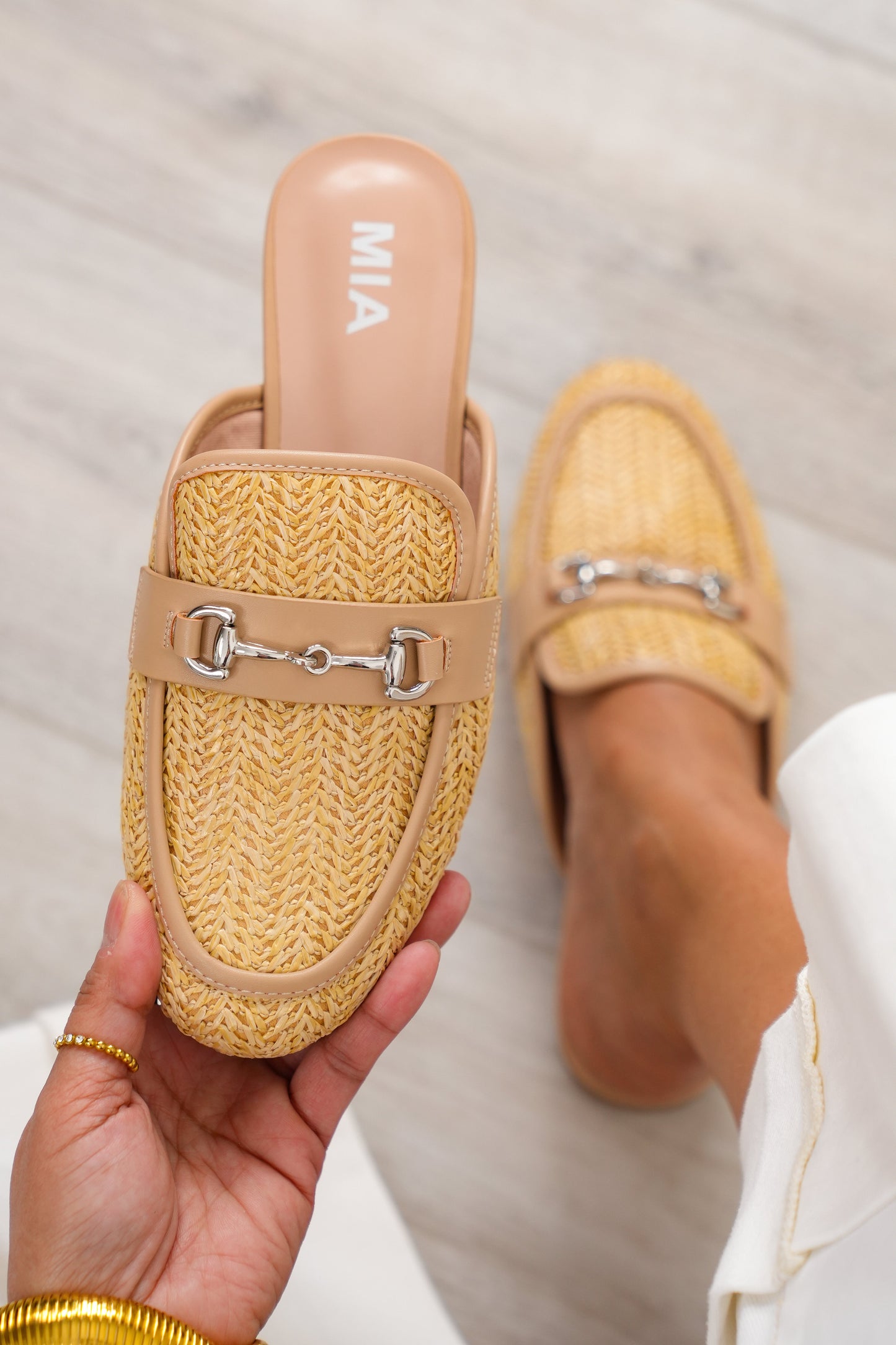 MIA Woven Raffia Mule Loafers with Metal Buckle