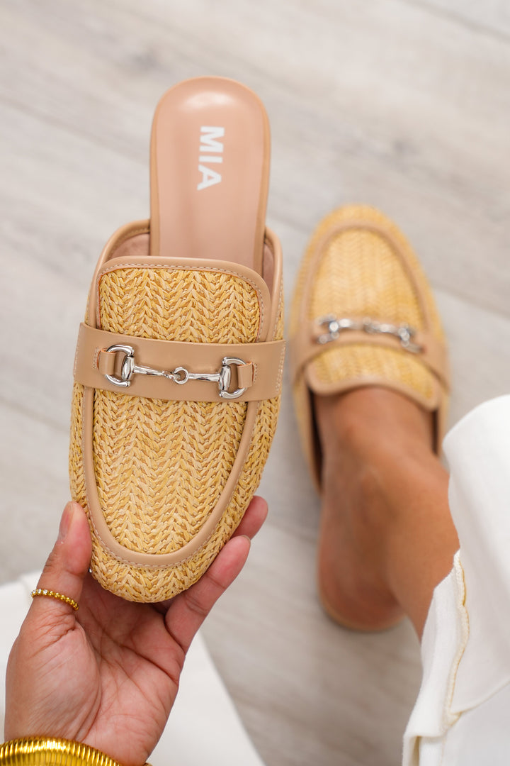 MIA Woven Raffia Mule Loafers with Metal Buckle