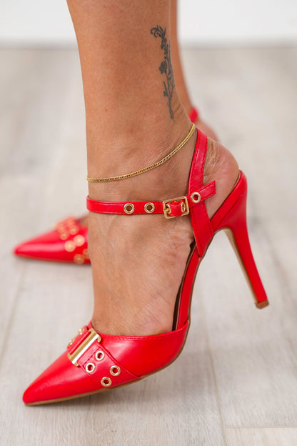 Studded Pointed Toe High Heel Shoe with Ankle Strap