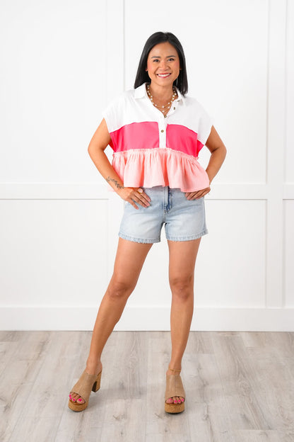 Color Block Short Sleeve Button Up Ruffle Top