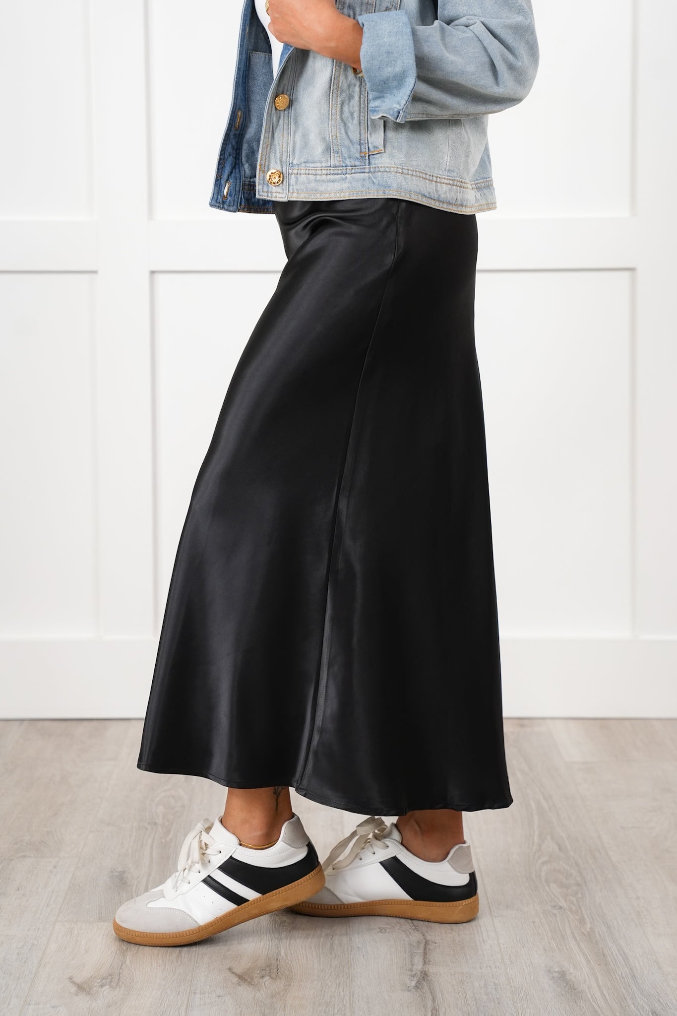 Black Satin A-Line Midi Skirt with Side Zipper