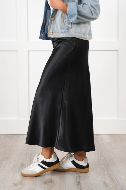 Black Satin A-Line Midi Skirt with Side Zipper