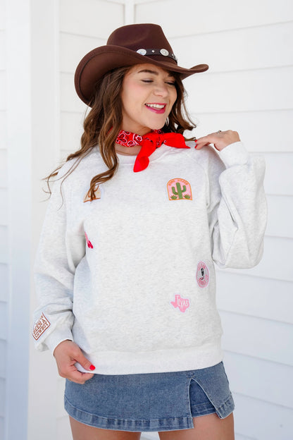 Long Sleeve Pullover Sweatshirt with Western Theme Patch Detail