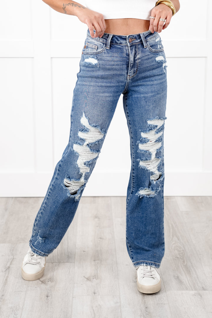 Judy Blue High Rise Medium Wash Heavy Distressed Straight Leg Jeans
