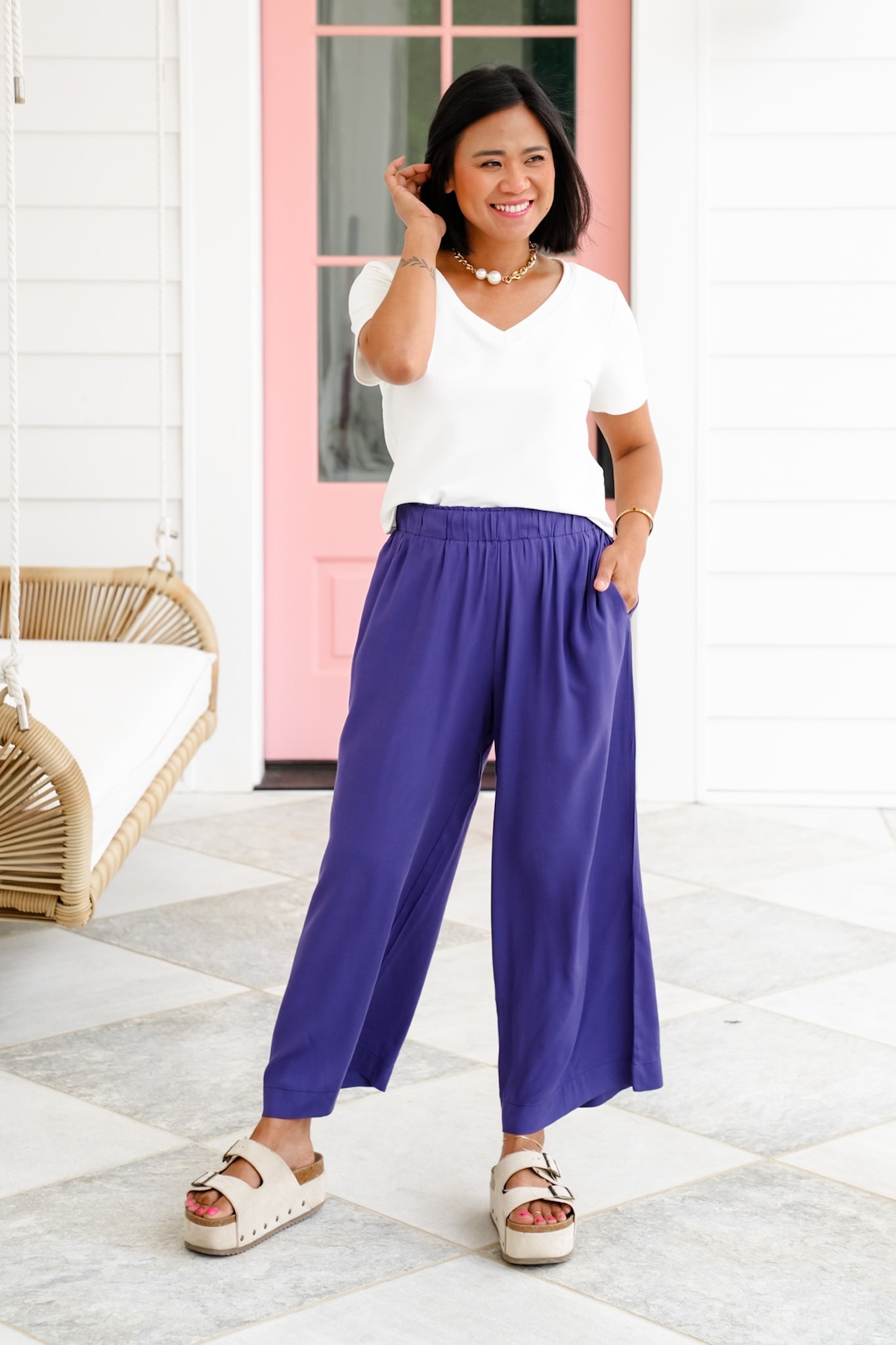 Solid Woven Elastic High Waist Wide Leg Pants