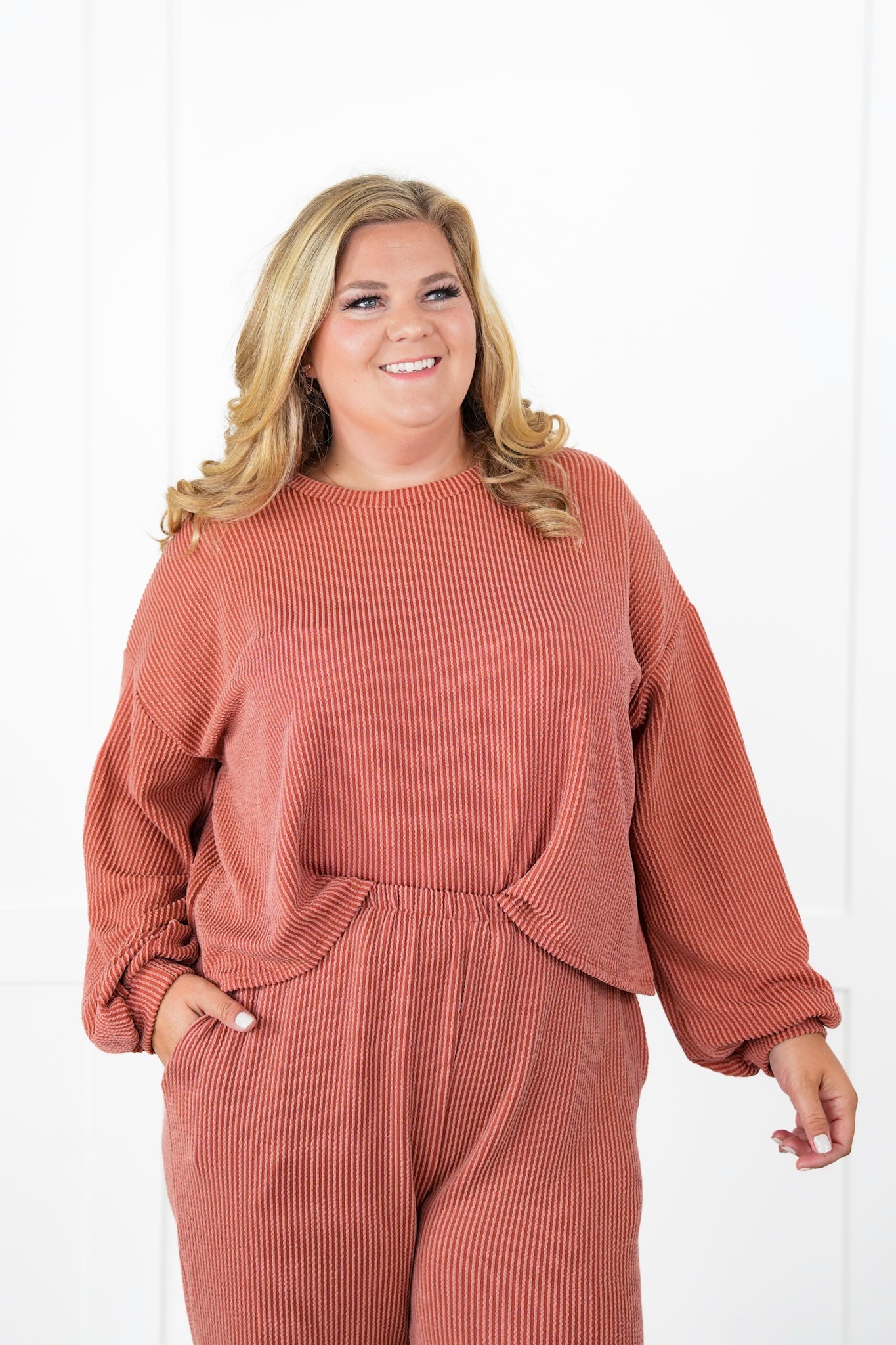 Ribbed Long Sleeve Round Top With Elastic Waistband Lounge Pant Set (Multiple Colors)